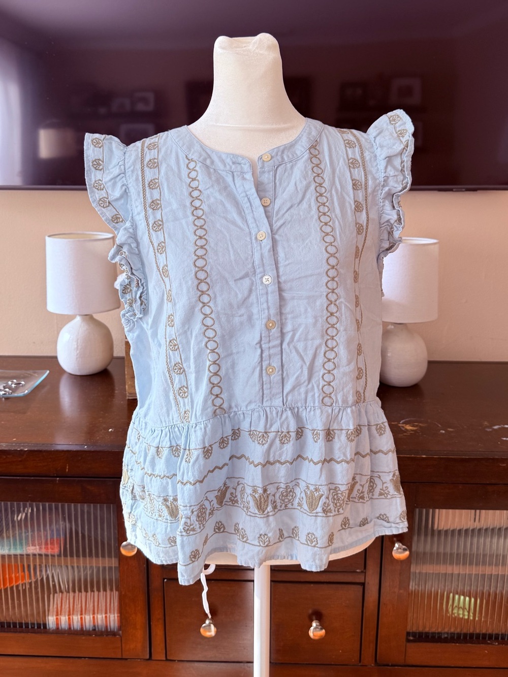 LOFT Pale Blue Embroidered Ruffle-Sleeve Peplum Top